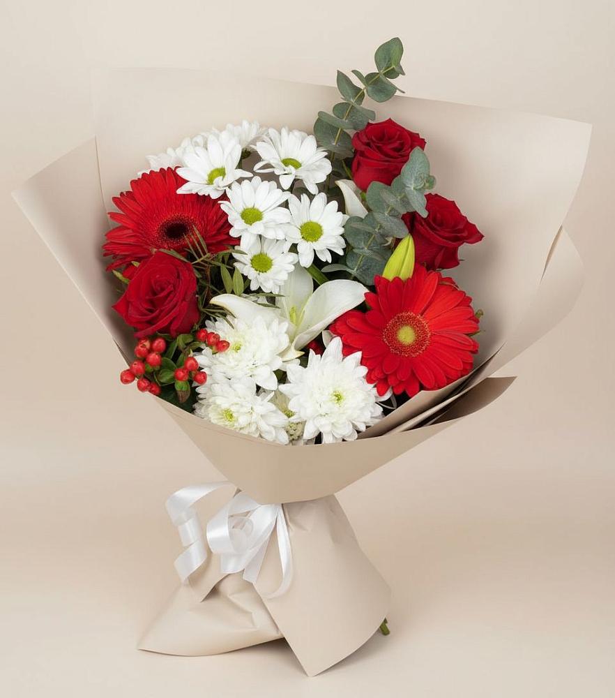 Букет цветов из: Розы, Хризантемы, Герберы и Лилии в Николаевке Воронежской области
